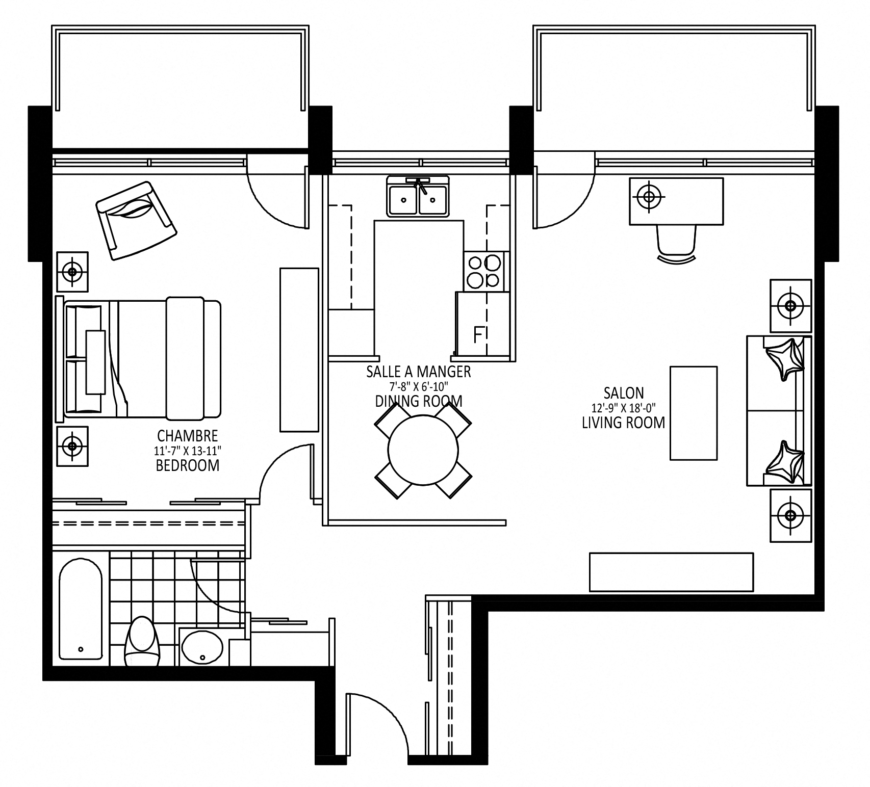 Floor plan for 1 bed, 1 bath, 710 sqft
